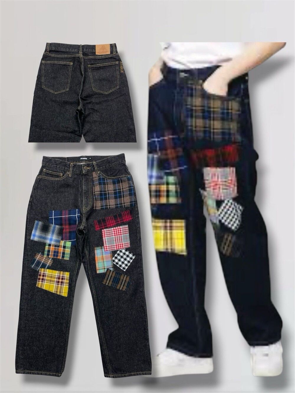 Rare XLARGE Men’s Size 32 Patchwork Plaid Baggy Hip Hop Y2K Streetwear Jeans
